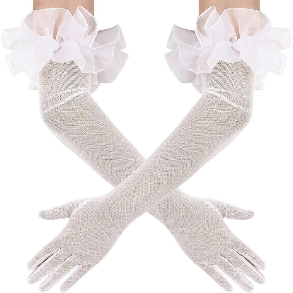 Women's Long Ivory Ruffle Puff Cuff Sleeve Mesh Gloves Wedding Party Costume